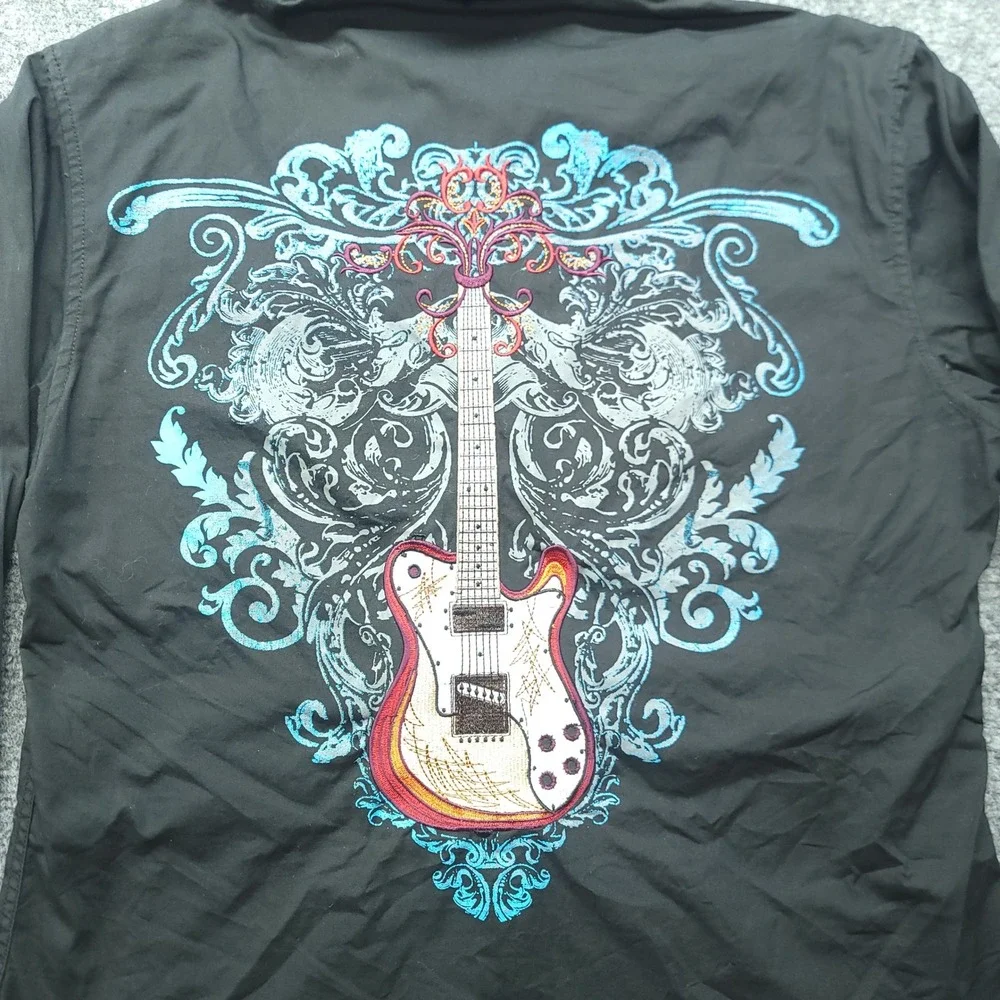 Brooks & Dunn Panhandle Slim Western Snap Shirt Black Guitar Embroidered Mens M